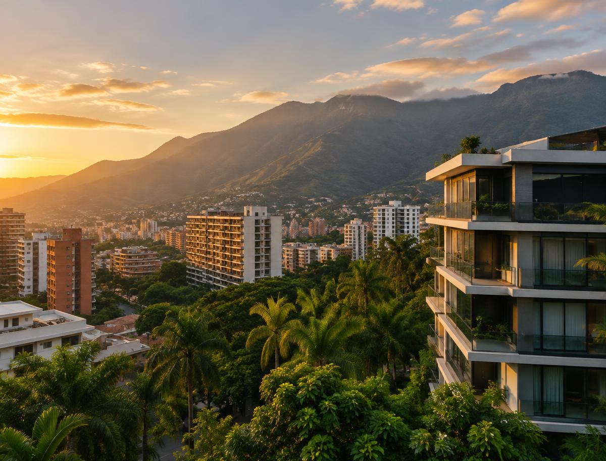 Vista residencial de Caracas frente al Ávila al atardecer