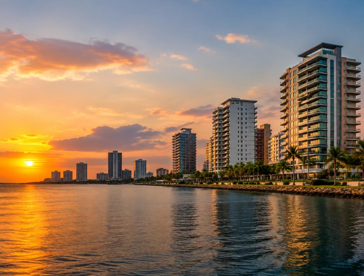 Edificios residenciales de Maracaibo junto al lago al atardecer